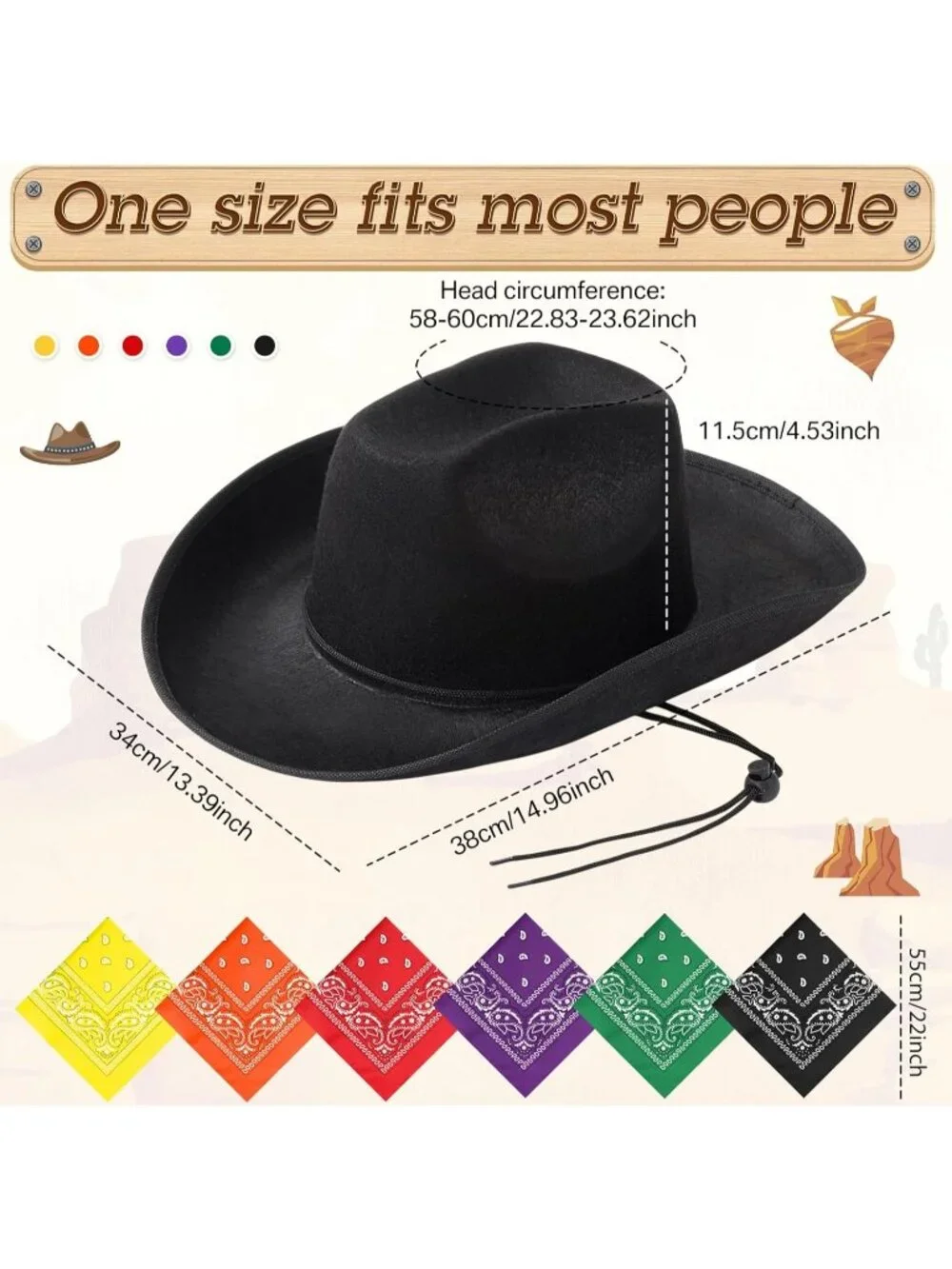 Men's Mix Color Bandanas Bulk Adjustable Felt Western Cowboy Cowgirl Hat 12 Pcs